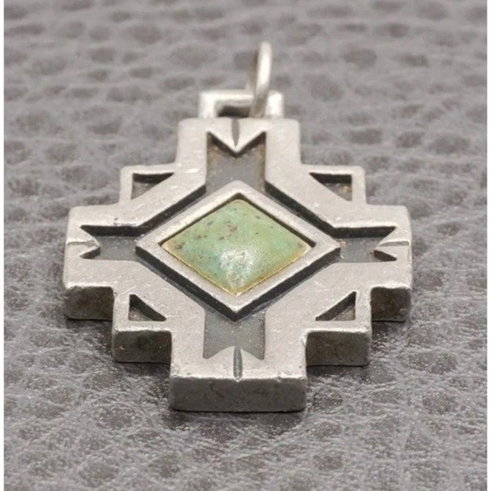 Vintage Pewter Cross Pendant Green Stone Southwest Style Silver Tone